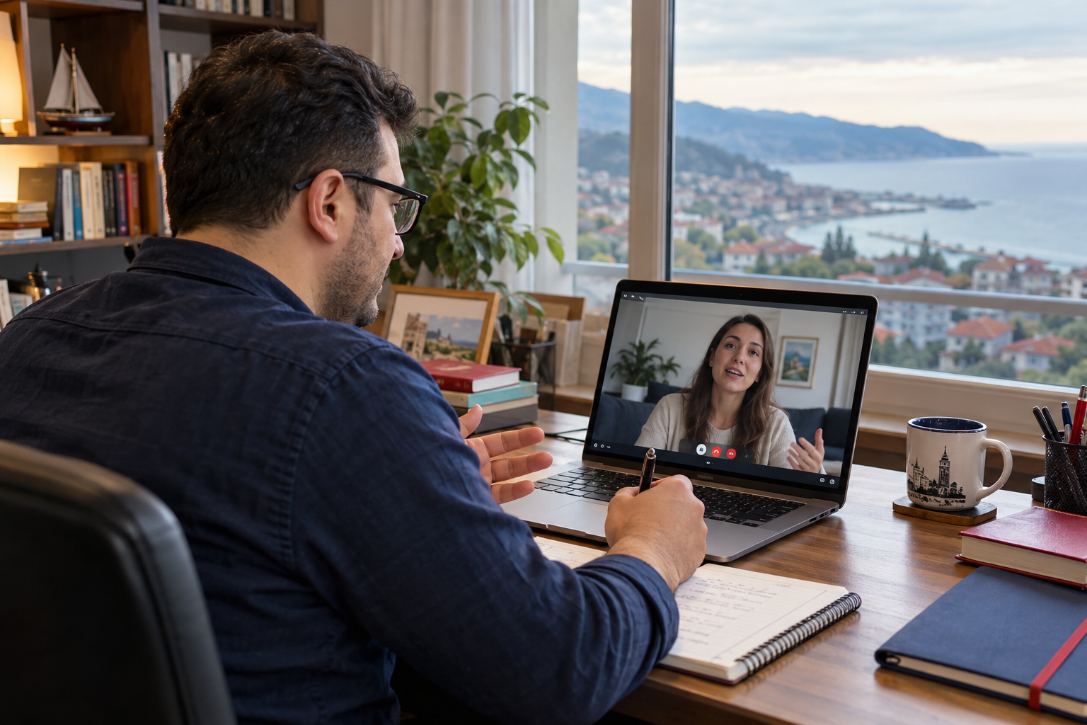Laptop üzerinden öğrencisiyle birebir İngilizce dersi yapan erkek eğitmen.