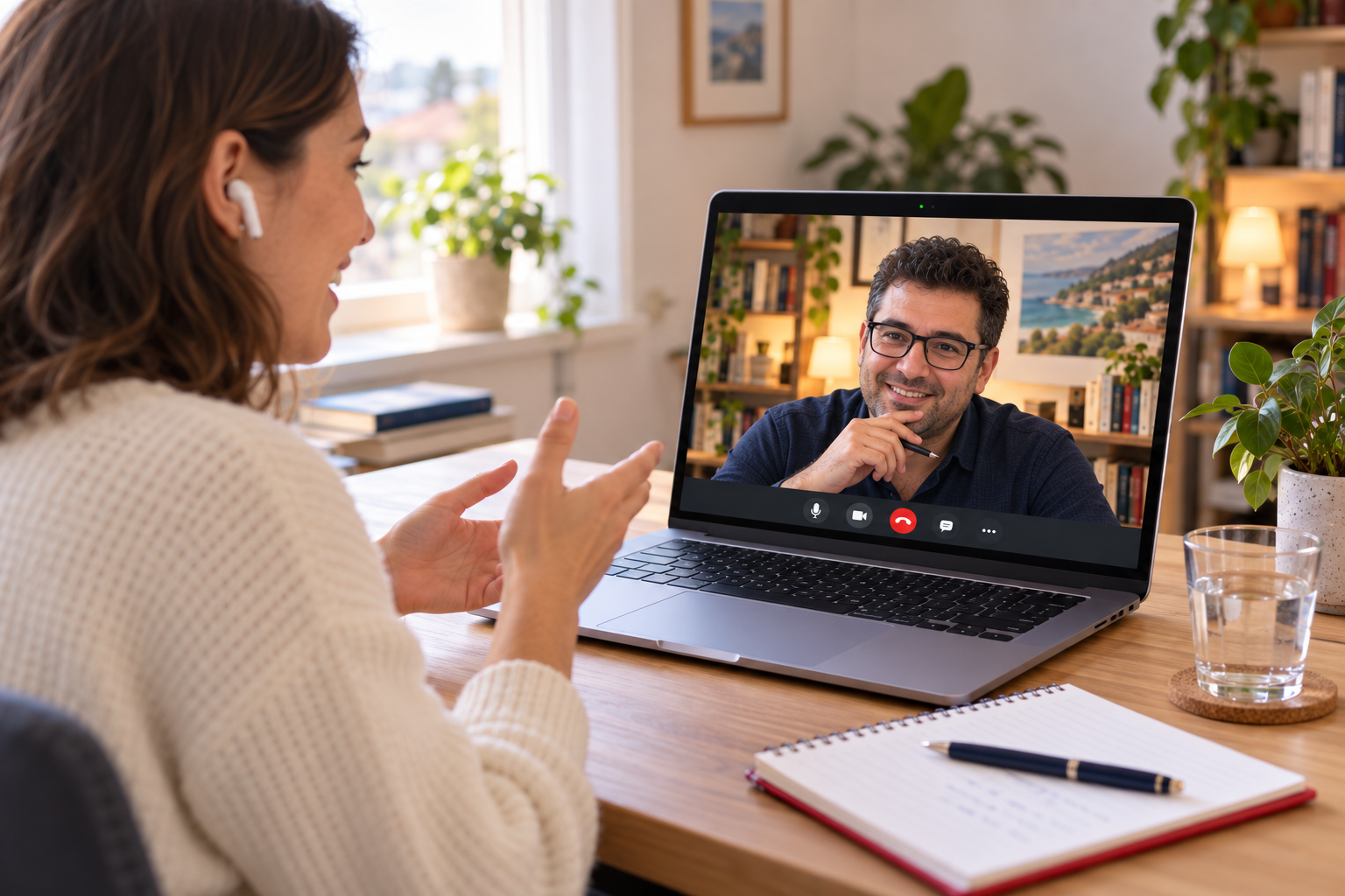 Online derste erkek eğitmeniyle İngilizce konuşma pratiği yapan öğrenci.