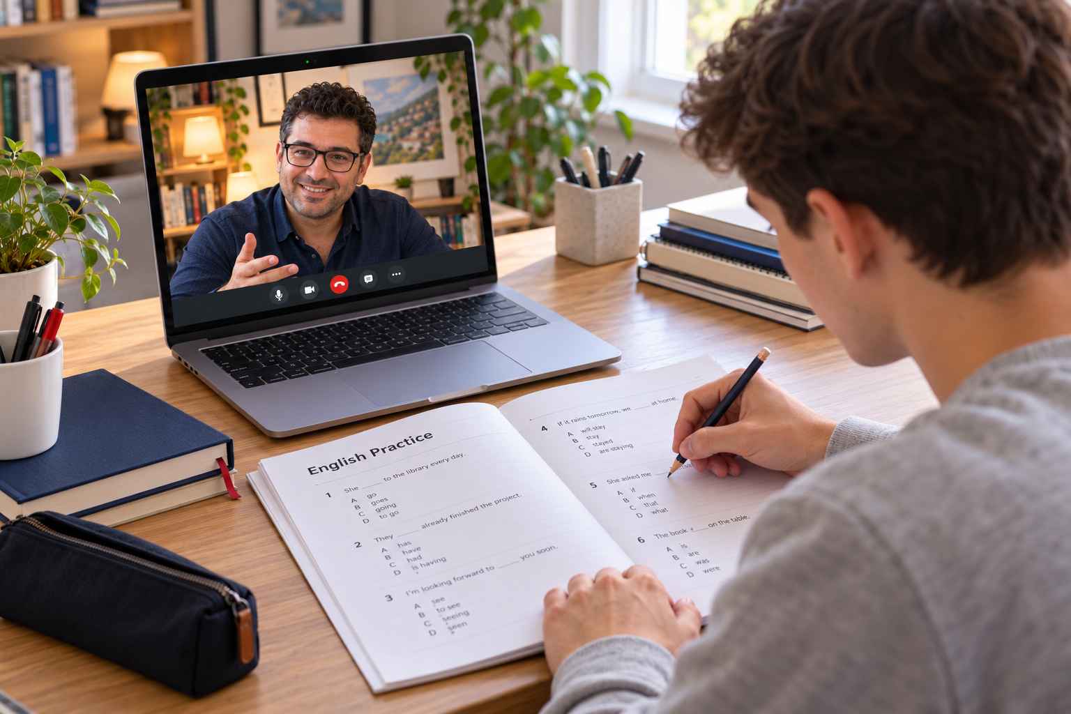 Online İngilizce dersinde eğitmen desteğiyle test çözen öğrenci.